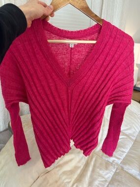 Pilcro Ribbed V-Neck Sweater in Bright Pink